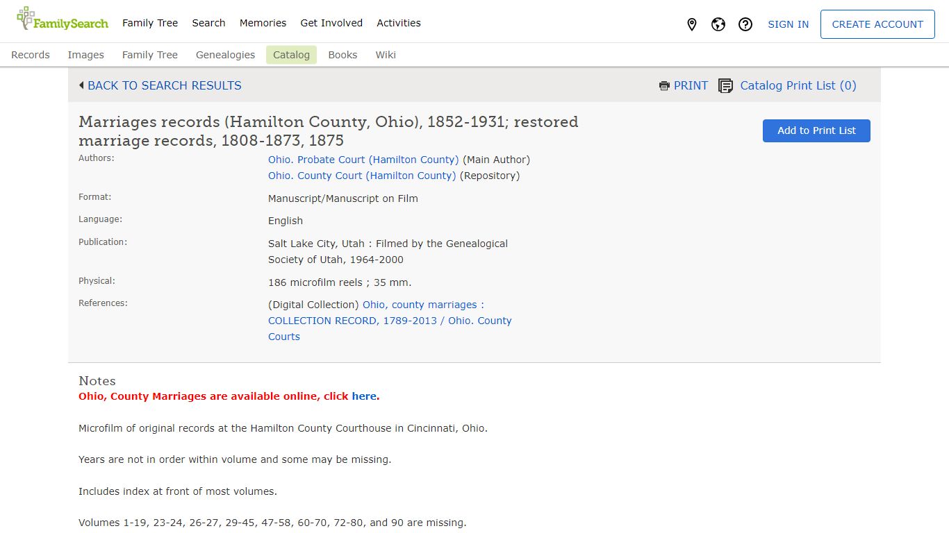 Marriages records (Hamilton County, Ohio), 1852-1931; restored marriage ...